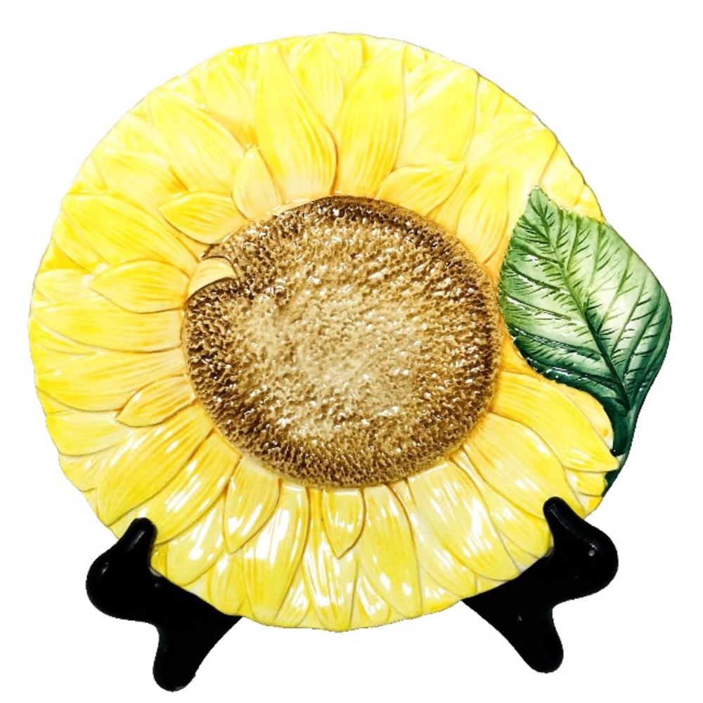 Hand-Painted Yellow Sunflower Ceramic Plate with Green Leaf Accent Made in Italy